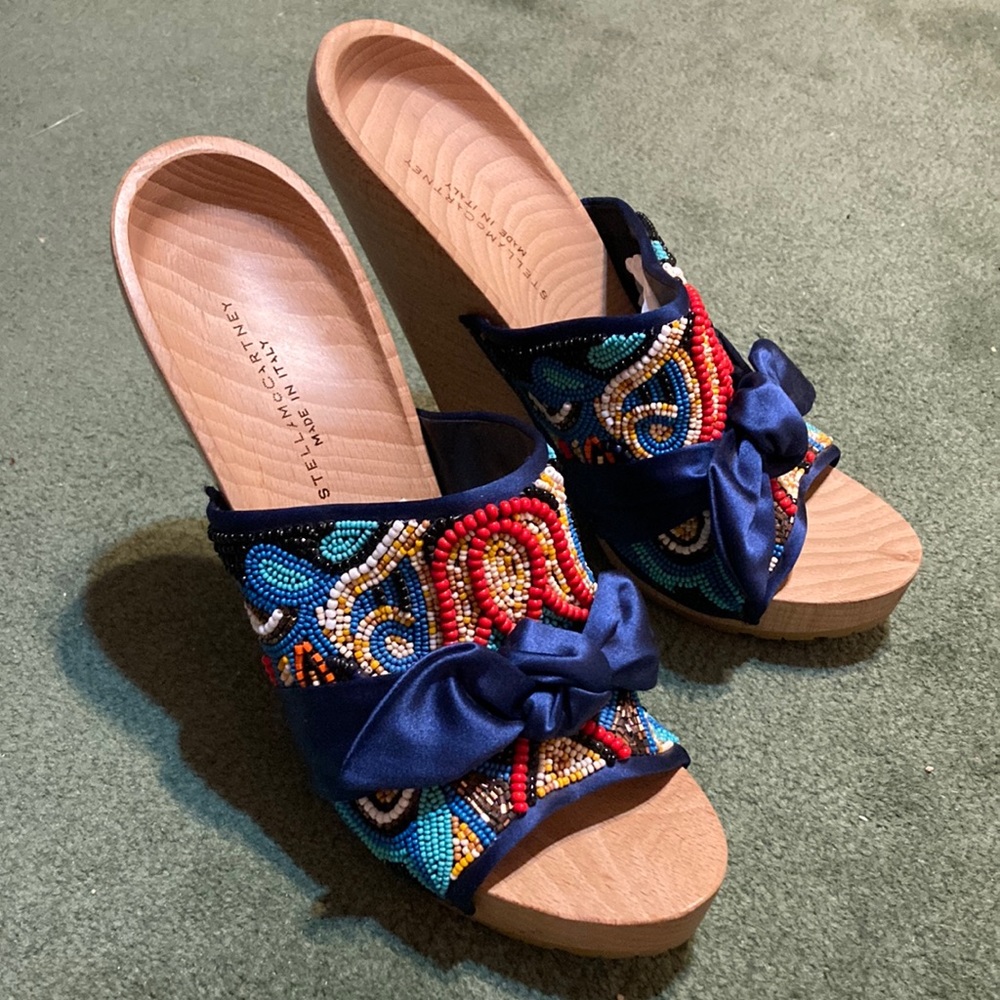 NWOT Stella Mcartney clogs wooden sandal embroidered/beaded blue satin Y2K 40/10